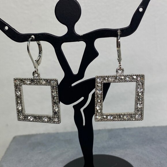 Silver Tone Rhinestone Square Dangle & Drop Earrings - Picture 4 of 6